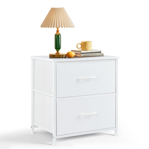 Nightstand, Small 2 Drawer Dresser End Table Bedside Furniture, Wooden Top Fabric Bins for Bedroom, Closet, Entryway, Dorm, 11.8" D x 18" W x 20", White SageNest