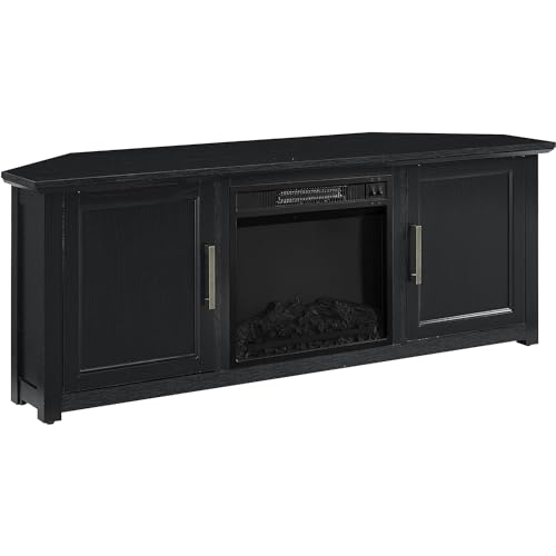 HomeStock Art Deco Dreams 58-inch Corner TV Stand with Electric Fireplace, Black - 20" D x 58" W x 22" H, Freestanding, Brass Effect Finish HomeStock