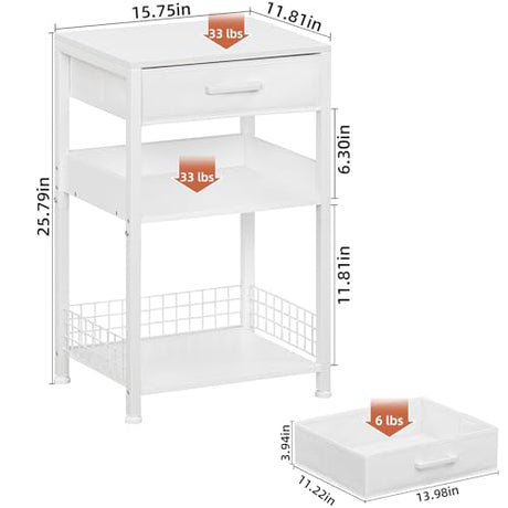 Lerliuo White Printer Stand with Fabric Drawer, 3 Tier Industrial Side Table, Modern Small Printer Desk Holder with Storage Shelf,Multi-Functional Bedside Tables for Home Office Fax Machine Scanner Lerliuo