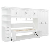 Ball & Cast Twin Size Murphy Bed with Wardrobe and 3 Top Cabinet,Wood Hideaway Wall Beds w/Desk & Storage Drawers,Dual-Piston Metal Folding System Cabinets,can be Folded,for Small Room,White Ball & Cast