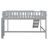 Merax Full Size Wood Low Loft Bed Frame with Slide for Kids Girls Boys,Full Length Guardrails, Gray Merax