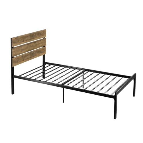 Allewie Twin Size Rustic Platform Bed Frame with Wood Headboard and Metal Slats - Light Brown - WoodArtSupply