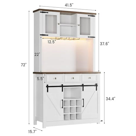 GarveeHome 72" Farmhouse Coffee Bar Cabinet with Sliding Barn Door, LED Lights & Power Outlets, Tall Kitchen Buffet Hutch with 3 Drawers & Wine Glass Rack, Ample Storage for Home Bar, White GarveeHome