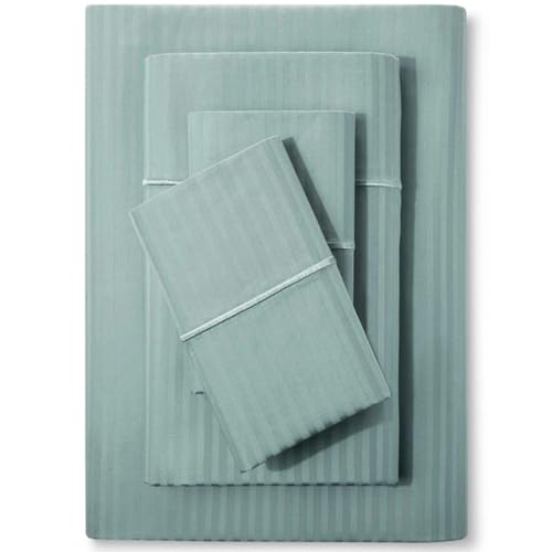 Feather & Stitch 500 TC King Size Bed Sheet Set, 100% Cotton Soft Breathable Bedsheets, 4 Piece 18" Deep Pockets Sateen Weave Striped Bedding Mattress Resort Hotel Luxury - (Granite Green Stripe) FEATHER & STITCH NEW YORK