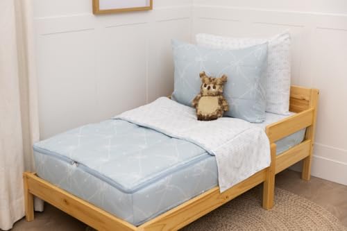 Beddy's Bow & Ribbon Themed Durable Zipper Bedding for Kids, Bed in a Bag, Baby Blue Comforter & White Pinstripe Sheets, Includes Pillowcase & Pillow Sham, Easy to Make & Wash Beddy's