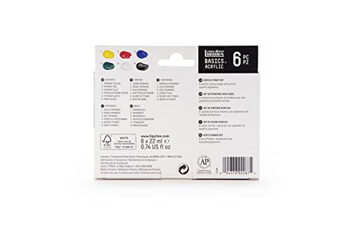 Liquitex BASICS Acrylic Paint Set, 6 x 22ml Tube Paint Set, Primary, Blue,Color Mixing,Green,White, 0.7 Fl Oz (Pack of 6) Liquitex
