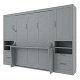 Merax Queen Size Murphy Bed with Desk, Space-Saving Wall Bed Frame with Closet, Drawers and Shelves, Foldable Platform Bed for Small Spaces Studio Study Office Guest Room, Gray Merax