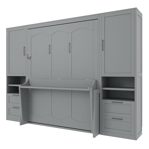 Merax Queen Size Murphy Bed with Desk, Closet, Drawers and Shelves, Fold into The Wall, Space-Saving Foldable Wood Platform Bed Frame for Small Spaces Studio Study Office Guest Room, Gray Merax