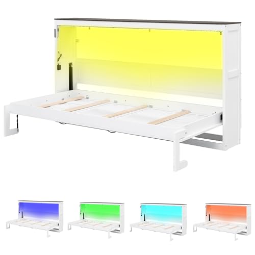 Twin Size Murphy Bed with LED Light, Foldable Wall Cabinet Bed, Hidden Design (White) BEDGJH