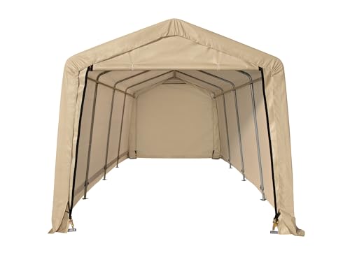 ShelterLogic 10' x 20' x 8' Peak Style Roof Instant Garage Carport Car Canopy with Steel Frame and Waterproof UV-Treated Cover, Sandstone ShelterLogic