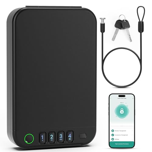 XGUNXBOX Gun Safe, Biometric gun safe for handgun, Portable Car Pistol Gun Safe Pistol with Keys Keypad and APP Control Hand Gun Lock Box, small safe for Home Bedside Car Wild camping XGUNXBOX