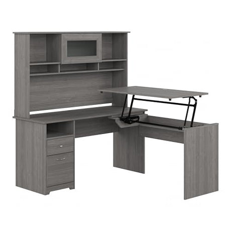Bush Home Cabot 60W 3 Position Sit to Stand L Shaped Desk with Hutch in Modern Gray Bush Home