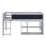 Giantex Low Loft Bed with LED Lights, Twin Size Bed Frames for Kids w/Chalkboard, Removable Bookcase & Under-Bed Storage Space, Wood Loft Beds with Stairs, Safety Guardrail for Girls Boys (Grey) Giantex