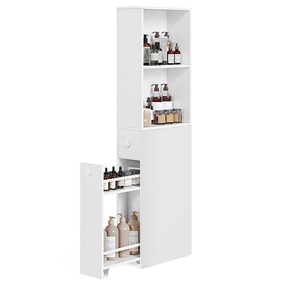 VASAGLE Slim Bathroom Storage Cabinet, Narrow Bathroom Cabinet, Freestanding Cabinet with Storage Drawers and Adjustable Shelf, for Small Spaces, Modern Style, Classic White UBBK567T14
