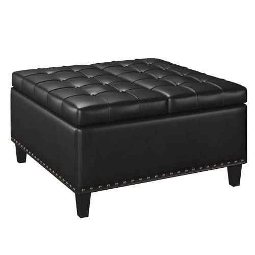 FiveWillowise Square Leather Ottoman with Storage, Faux Leather Coffee Table Ottoman with Lift Top, Large Upholstered Footrest Stool Toy Box Storage for Bedroom Living Room, Black FiveWillowise