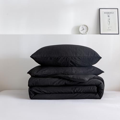 Ultra-Soft Black Twin Comforter Set, Washed Cotton 2 Piece Fluffy Lightweight Down Alternative Bedding Comforter for All Seasons - 1 Conforter and 1 Pillowcase - Twin/Twin XL Size Signal Dorm Kids Bed COTTEBED