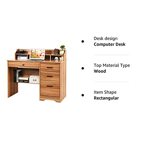Catrimown Computer Desk with Drawers and Hutch, 44” Rustic Oak Wood Desk with 4 Drawers for Home Office Secretary Writing Table, Small Desk with File Drawer for Small Places, Rustic Oak Catrimown