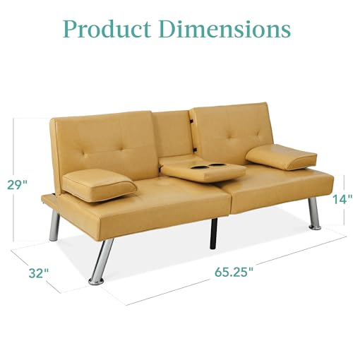 Best Choice Products Faux Leather Upholstered Modern Convertible Futon, Adjustable Folding Sofa Bed, Guest Bed w/Removable Armrests - Camel Yellow Best Choice Products