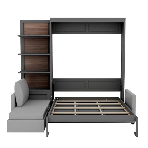 Ball & Cast Murphy Bed Queen Size Wall Bed with Sofa,Wood Murphy Bed,Platform Bedfram Chest can be Folded,Hideaway Cabinet w/Shelves and Slat Support,Space-Saving Furniture for Study,Office,Gray Ball & Cast