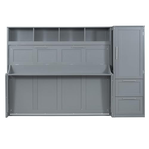 LZ LEISURE ZONE Full Size Murphy Bed with Closet and Drawers, Space-Saving Wall Bed with Storage, Ideal for Small Rooms, Apartments, or Home Offices, Gray LZ LEISURE ZONE
