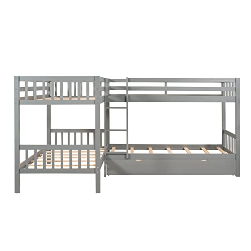 L-Shaped Quad Bunk Bed, Four Bunk Bed Twin Over Twin with Angle Ladder,Wooden Corner 4 Bed Bunk Bed Compatible with, Teens, Adults, No Box Spring Needed (Twin, Grey) ，Queen Bed TMAXX