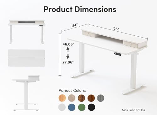 CubiCubi 55 x 24 Inch Electric Height Adjustable Standing Desk with Double Drawers, 4 Adjustable Feet & 2 Hooks, Home Office Computer Workstation, White CubiCubi