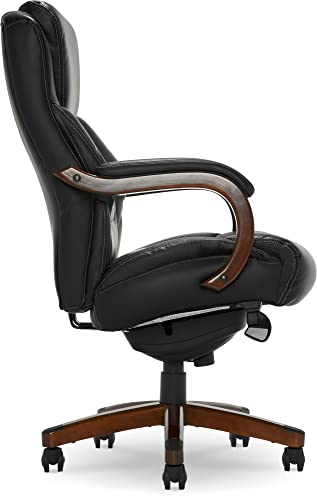 La-Z-Boy Delano Big & Tall Executive Office Chair, High Back Ergonomic Lumbar Support, Bonded Leather, Black with Mahogany Wood Finish - WoodArtSupply