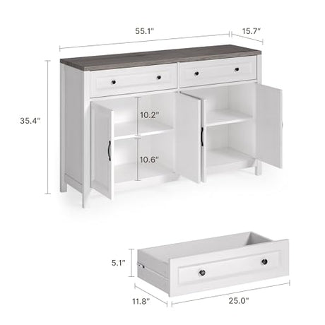 Gizoon Farmhouse Kitchen Sideboard Buffet Cabinet with Storage, Wood Coffee Bar and Storage Sideboard with Drawers and Doors for Kitchen, Dining Room, 15.7" D x 55.1" W x 35.3" H, White/Rustic Brown Gizoon