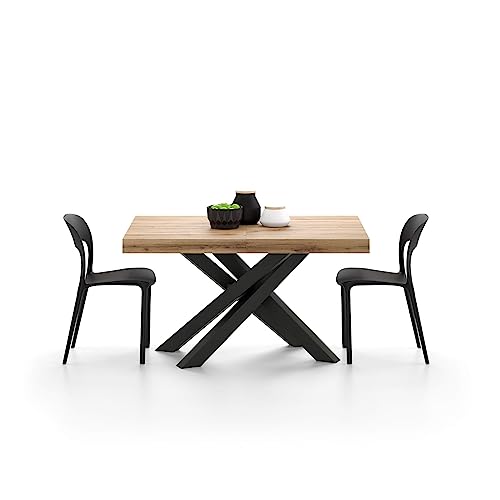 Mobili Fiver, Emma 140 Extendable Dining Table, Rustic Oak with Black Crossed Legs, Laminate-Finished/Iron, Made in Italy - WoodArtSupply