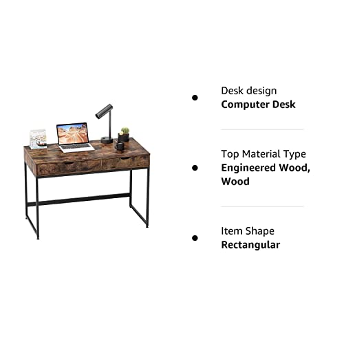 Bestier Small Rectangular Office Writing Computer Workstation Vanity Makeup Desk Minimal Elegant Simple Style with 2 Large Drawers, Rustic Brown Bestier