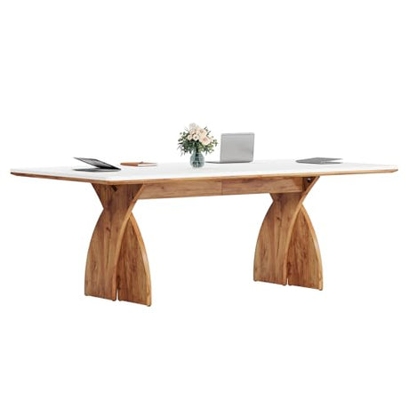 Tribesigns 70.87-Inch Conference Table for 6-8 People, 6 ft Meeting Table with Crossed Legs, Industrial Business Training Desk for Office Conference, Meeting Room (White & Brown) Tribesigns