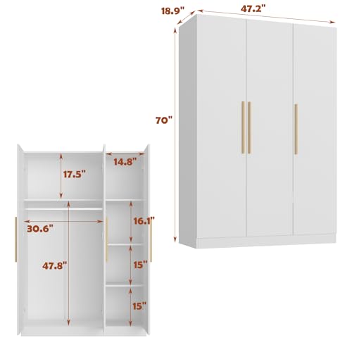 MOUMON Armoire Wardrobe with 3 Doors and Shelves, Armoire Wardrobe Closet with Hanging Rod, Armoire Closet for Bedroom White (47.2”W x 18.9”D x 70”H) - WoodArtSupply