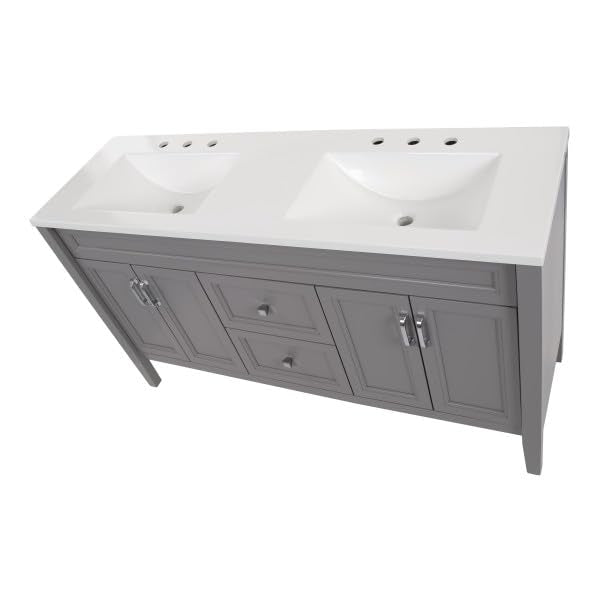 Spring Mill Cabinets Vadin 60 Inch Double-Sink Bathroom Vanity with White Top, 2 Soft-Close Drawers, 2 Cabinets, 60.5" W x 18.75" D x 35.43" H, Sterling Gray Spring Mill Cabinets