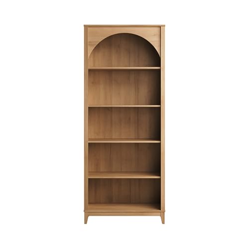 Prepac Ark 78" Tall 5-Tier Arched Bookcase in Natural Oak Veneer, Modern Storage Accent Bookshelf with 3 Adjustable Shelves for Home, Office, Living Room, Bedroom 78”H x 32”W x 13”D Prepac