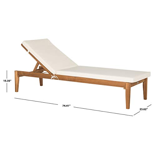 SAFAVIEH Outdoor Collection Montclair Natural Solid Wood/Beige Cushion Adjustable Chaise Lounge Chair (PAT6731A)