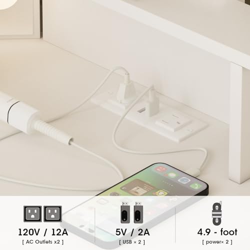 Fameill Corner Vanity Desk with Mirror and Lights, Makeup Vanity Table with Charging Station, Corner Vanity with 4 Drawers and Shelves, 3 Lighting Modes, Brightness Adjustable, for Women Girls Fameill