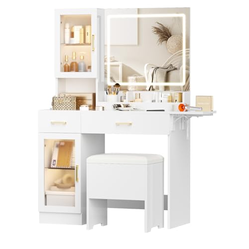 NUNU LAB White Vanity Desk with Mirror and Lights, Makeup Vanity Set with Storage Shelf and Drawers, Bedroom Dressing Table with RGB Cabinets, Cushion Stool for Women, Girls, Teens (052 White) NUNU LAB