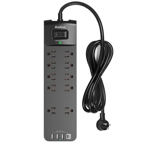 Power Strip - Addtam Surge Protector with 10 Outlets and 4 USB Ports, 6 Feet Extension Cord with Flat Plug, 2700 Joules, ETL Listed, Black Addtam