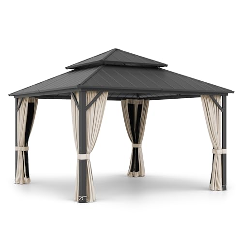 LUE BONA 12x14 Hardtop Gazebo, Galvanized Steel Double Roof Permanent Gazebo Pavilion with Aluminum Frame, Outdoor Metal Gazebo Canopy with Nettings and Curtains for Deck, Patio, Backyard LUE BONA