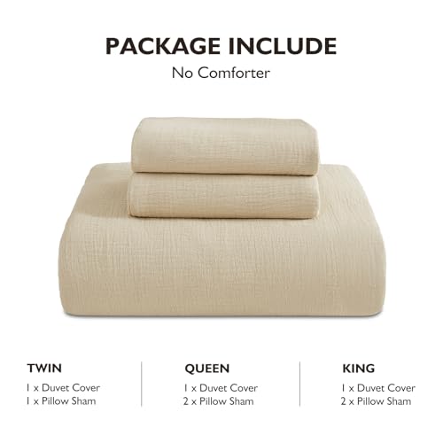 EMME Muslin Cotton Duvet Cover Set Light Tan King Size Linen Like Soft Breathable Lightweight Summer Comforter Cover Set with Zipper Closure (Light Tan, King, 104"x90") EMME