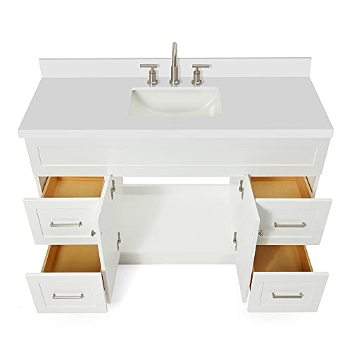 ARIEL Hamlet 55" White Bathroom Vanity with Sink, 1.5" Edge Pure White Quartz Countertop & Backsplash, Rectangular Sink, 2 Soft Closing Doors, 4 Full Extension Dovetail Drawers, Built in Toe Kick ARIEL