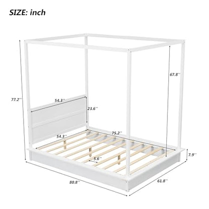 Bellemave Canopy Bed Frame Wood Four Posters Twin/Full/Queen/King LED Platform Bed with Built-in Headboard Strong Wooden Slat Support, No Box Spring Needed,White (Full)