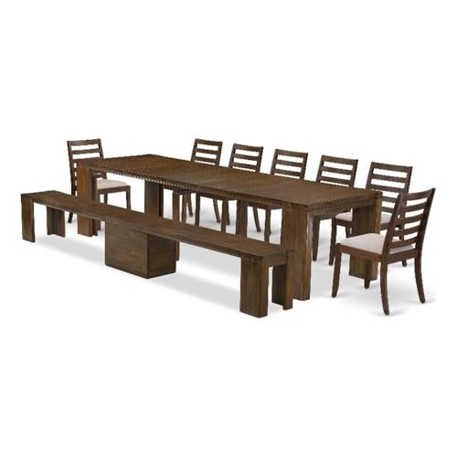 Luxe by East West Furniture X07X1-B08-04- 9 Pieces Extendable Dining Set Includes a Rectangle Xtenczar Kitchen Table and 7 Light Tan Fabric Stackable Dining Chairs and 1 Modern Bench, Antique Walnut Luxe by East West Furniture