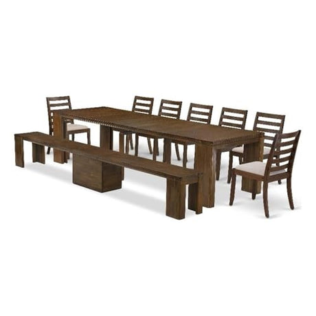 Luxe by East West Furniture X07X1-B08-04- 9 Pieces Extendable Dining Set Includes a Rectangle Xtenczar Kitchen Table and 7 Light Tan Fabric Stackable Dining Chairs and 1 Modern Bench, Antique Walnut Luxe by East West Furniture
