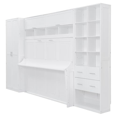 Merax Queen Murphy Bed with Tall 90.6" Closet Wardrobe & Shelves & Drawers, All-in-One Multi-Storage Side Flip Wood MDF Murphy Cabinet Bed Desk, Open/Close Hydraulically (White) Merax