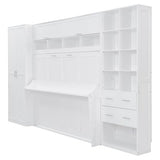 Merax Queen Murphy Bed with Tall 90.6" Closet Wardrobe & Shelves & Drawers, All-in-One Multi-Storage Side Flip Wood MDF Murphy Cabinet Bed Desk, Open/Close Hydraulically (White) Merax