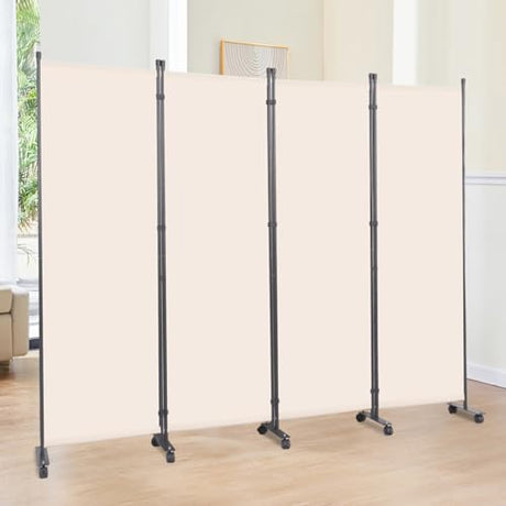 Room Divider 6FT Room Partition with Lockable Wheels, (Thicked Metal Base) Room Dividers, Freestanding Indoor Folding Privacy Screens, Portable Fabric Wall Divider for (Beige, 88"- 4 Panel) JVVMNJLK