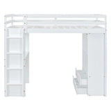 Merax White Full Size Loft Bed with Shelves, Desk, and LED Light Merax