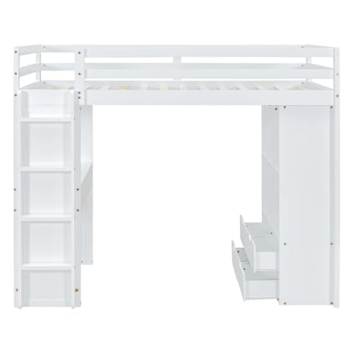 Merax White Full Size Loft Bed with Shelves, Desk, and LED Light - WoodArtSupply