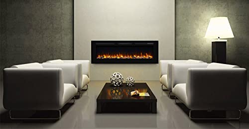 PuraFlame Alice 60 Inches Recessed Electric Fireplace, Flush Mounted for 2 X 6 Stud, Log Set & Crystal, 1500W Heater, Remote Control, Black